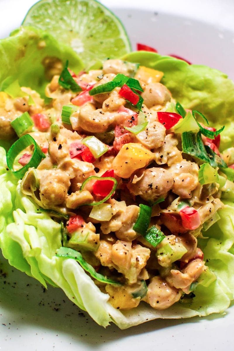 Curried chickpea salad in lettuce cup