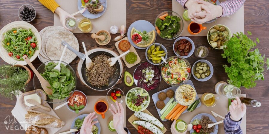 Dinner table filled with vegan eats