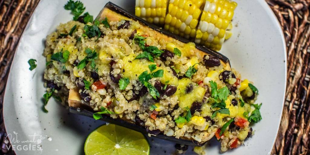 Quinoa stuffed plantains with seasoned pineapple puree