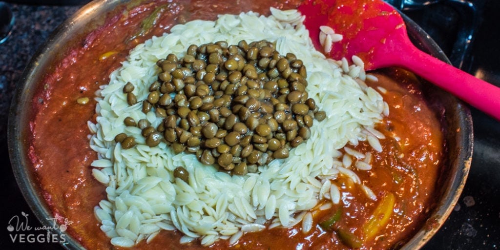 Stew with orzo and lentils on top