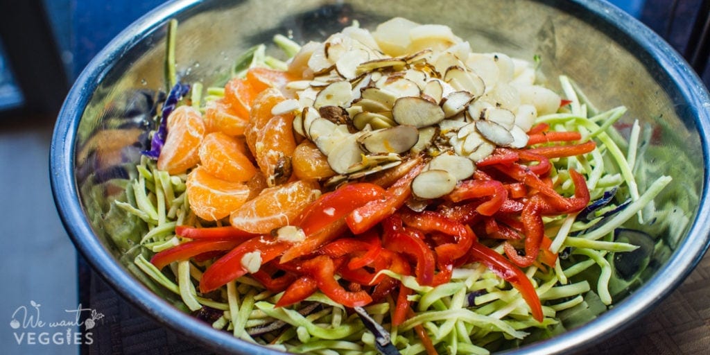 Bowl of unmixed Satsuma-Sesame Broccoli Slaw