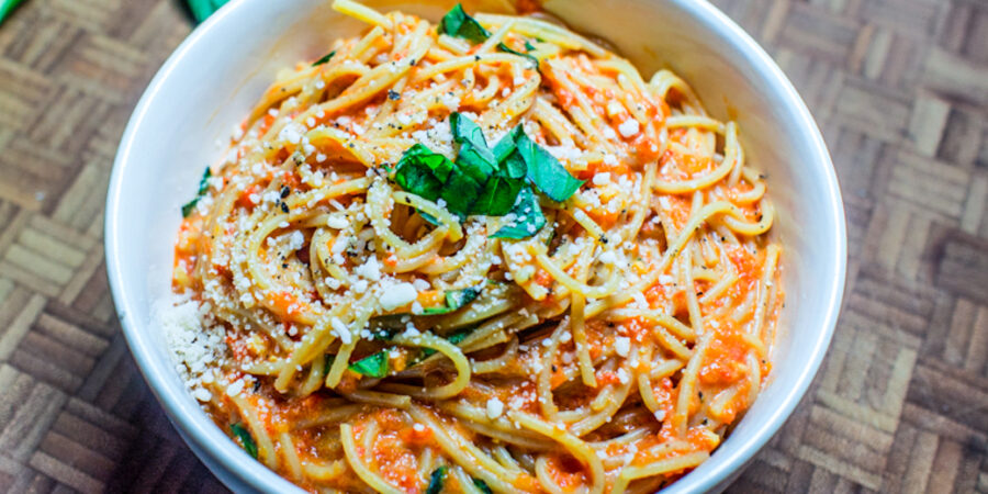 Creamy Red Pepper Pasta With Fresh Basil - We Want Veggies