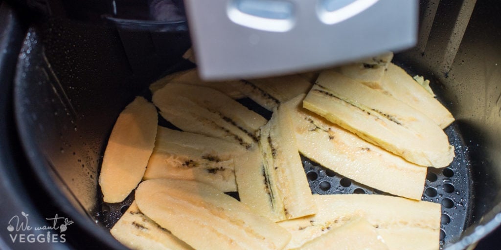 Plantain chips cooking in then airfryer.