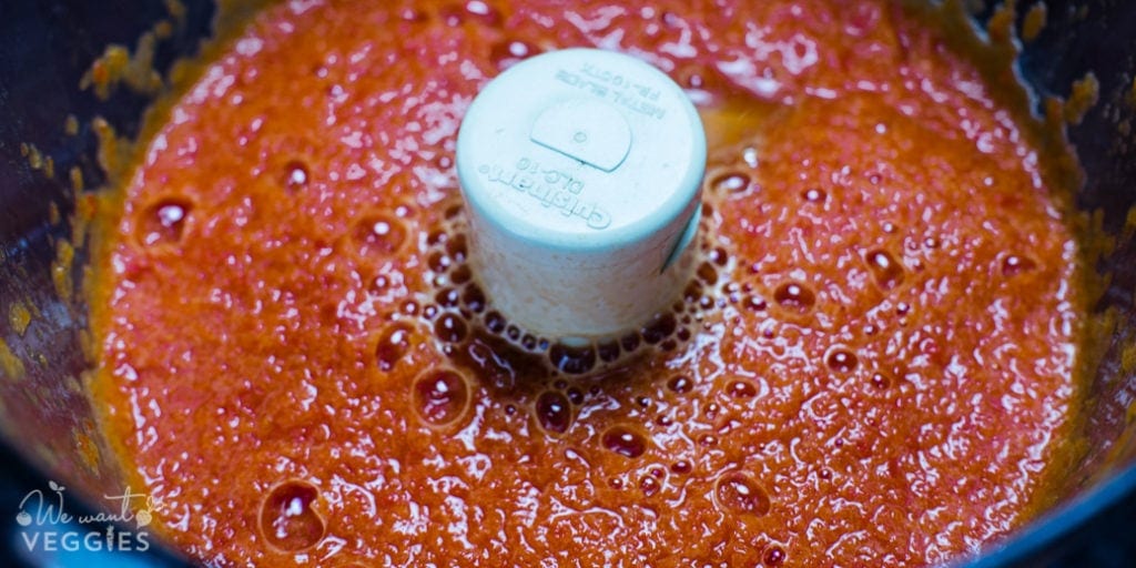 Red peppers in the food processor.