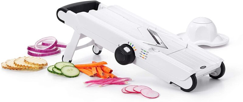 OXO Mandoline Slicer With Sliced Vegetables