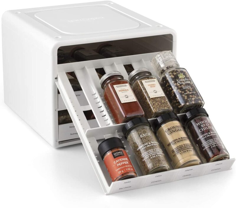 YouCopia Adjustable Spice Stack Drawer Open With Spices