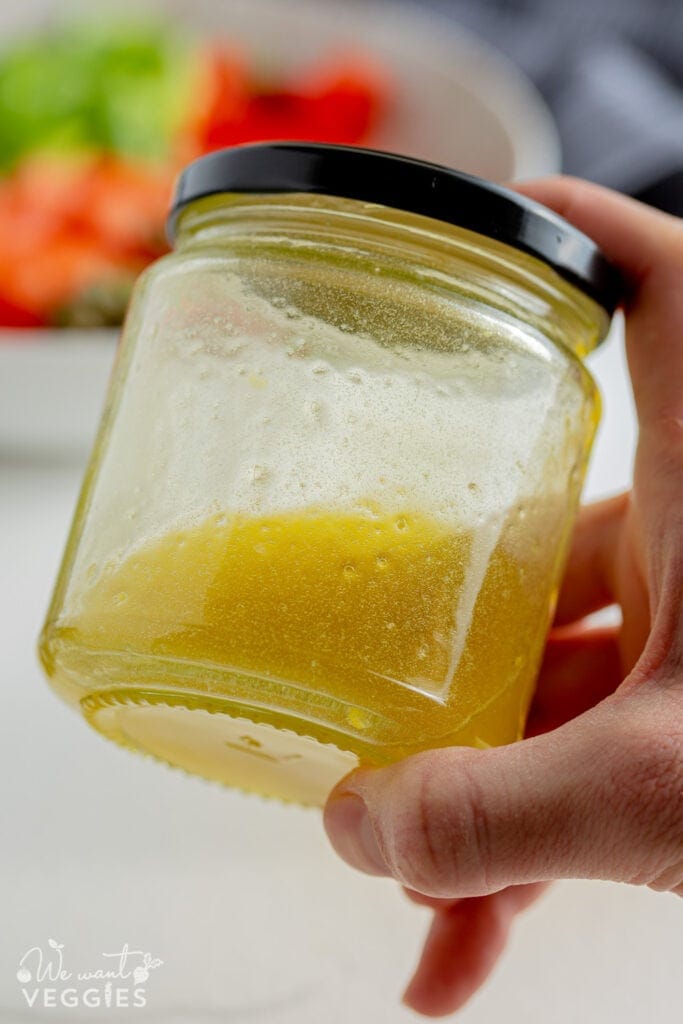 Jar of dressing for vegetable antipasto salad