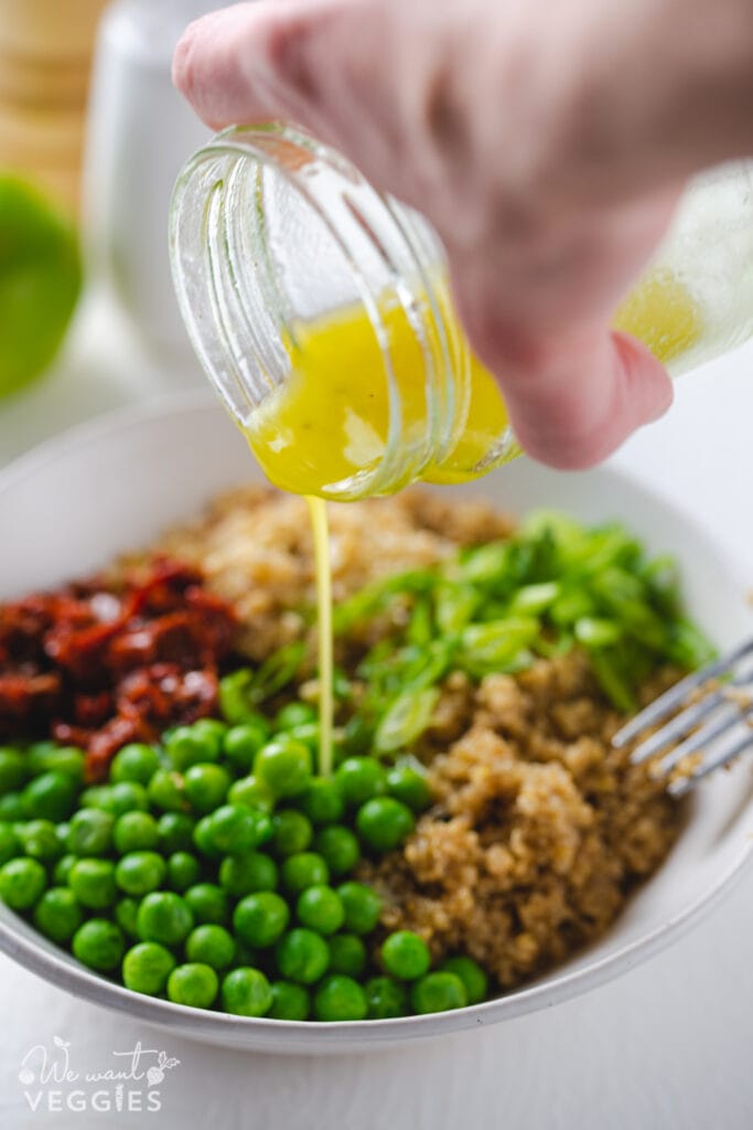 Pouring dressing into bowl