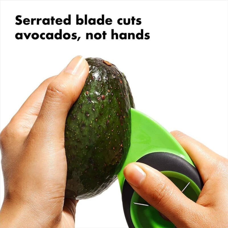 Serrated blade cuts avocados, not hands.