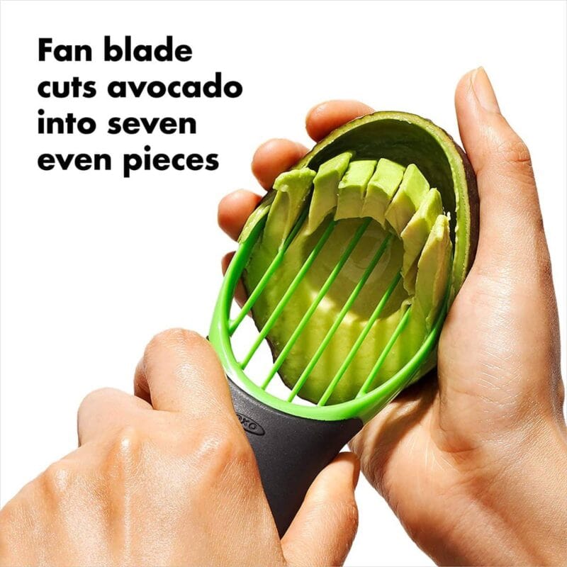 Fam blade cuts avocado into 7 even pieces.