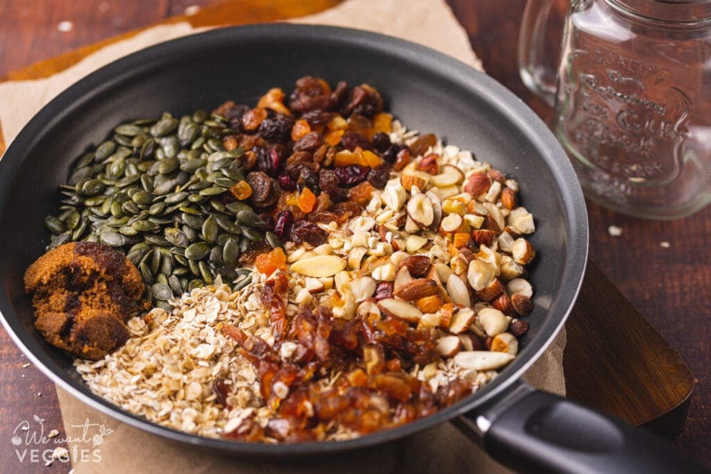 Granola ingredients in a pan