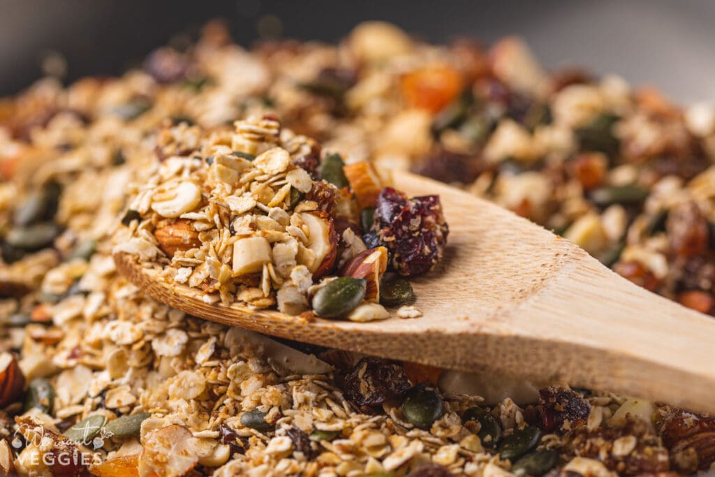 Granola on a wooden spoon