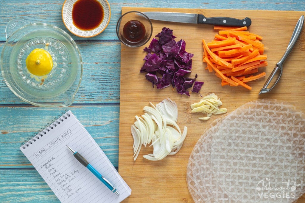 Cutting board with ingredients and notepad