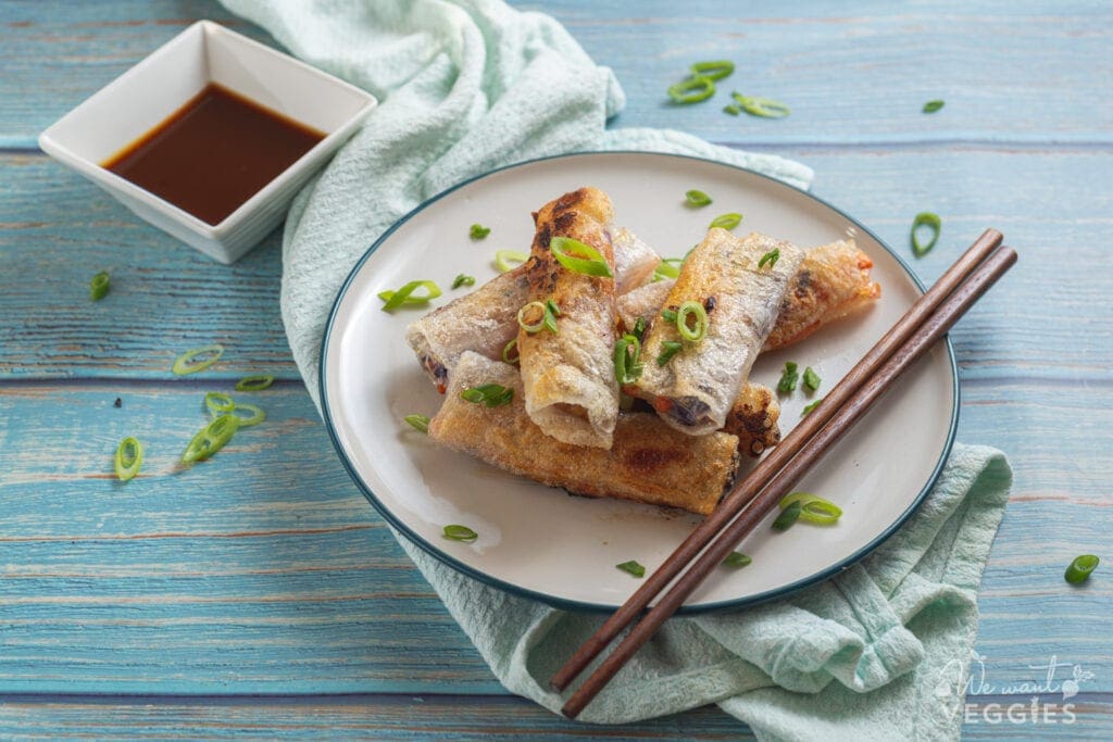 Spring rolls plate with hoisin dip and chopsticks