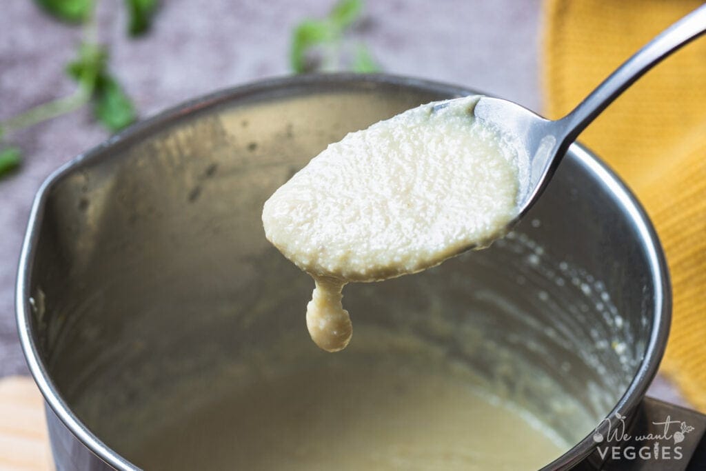 Vegan cheese on spoon