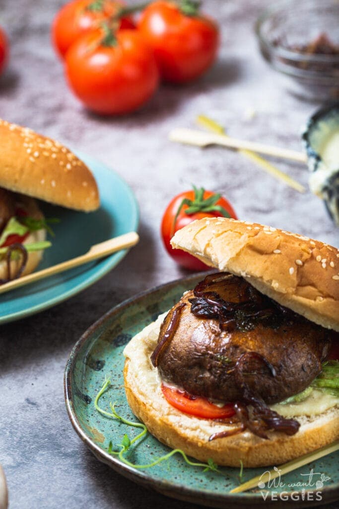 Open mushroom burger with garnish