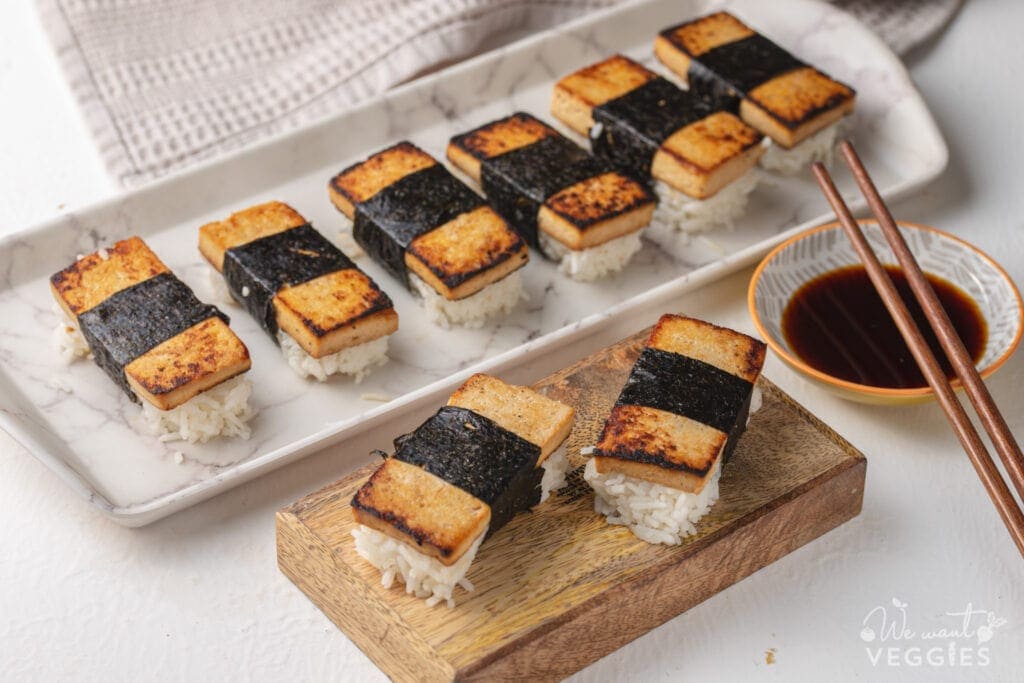 Tofu musubi on ceramic platter