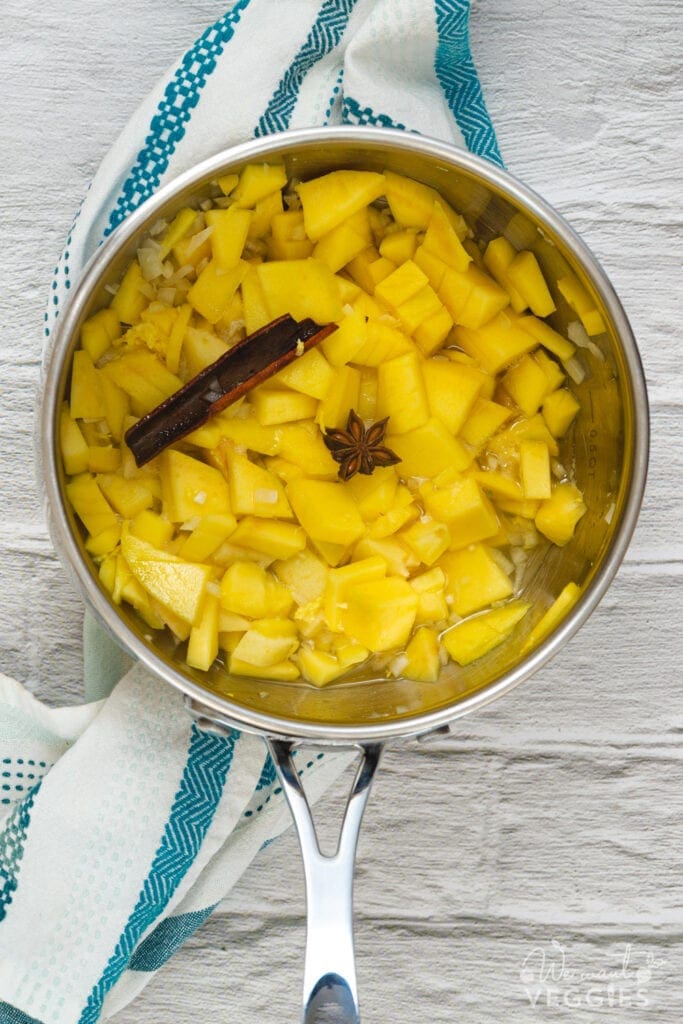Mango chutney simmering in plan