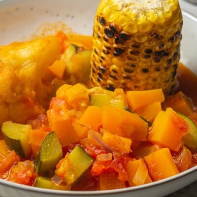 Vegetable tagine with grilled corn in a bowl