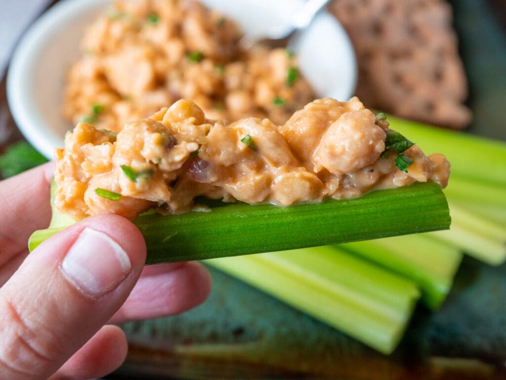 Gochujang Chickpea Salad on celery