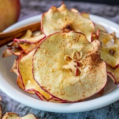 Baked apple chips in bowl with cinnamon stick