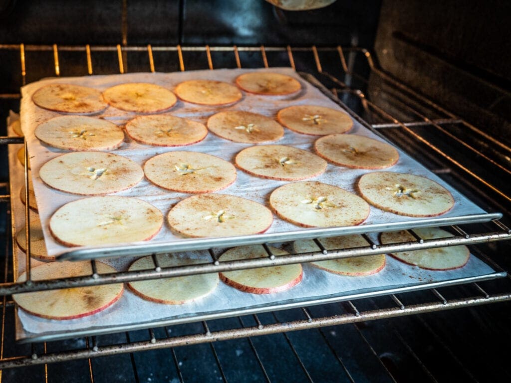 Prepared baking sheets in the oven