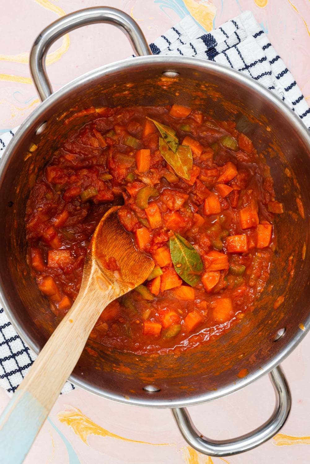 Minestrone ingredients in the pot.