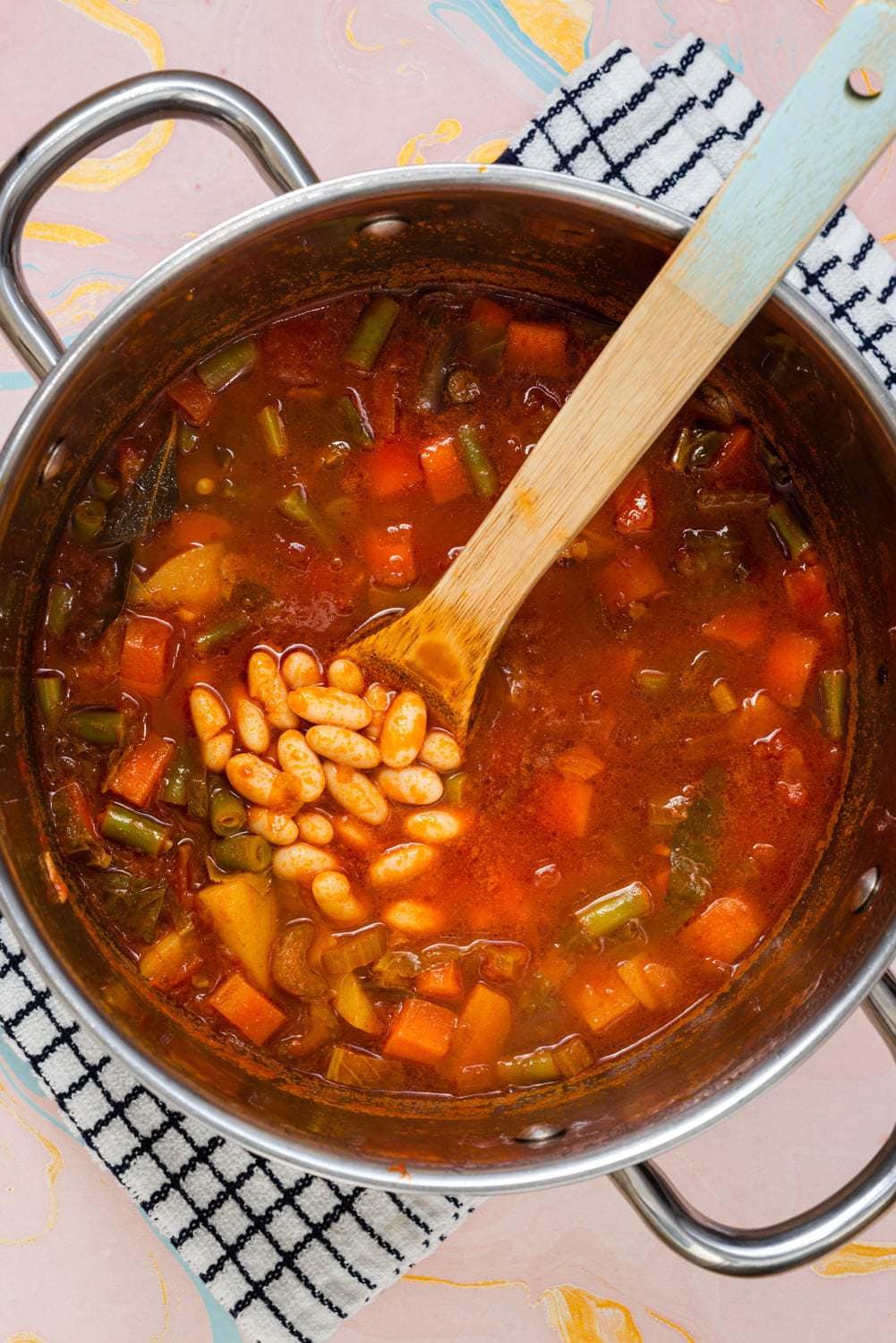 Minestrone soup simmering.