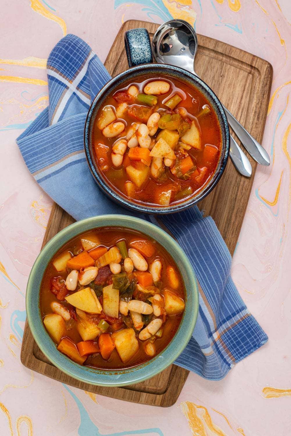 Bowls on minestrone soup.