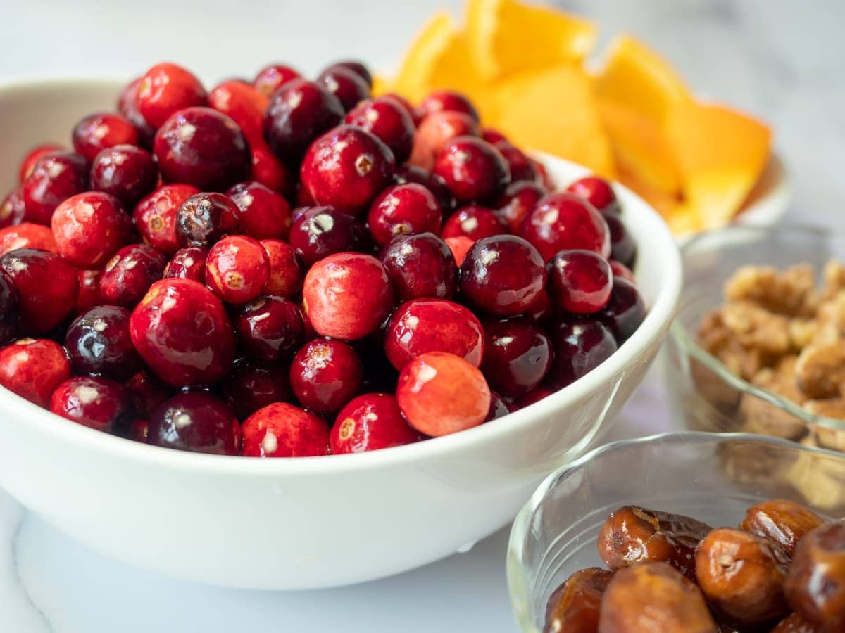 Cranberries, oranges, walnuts, and dates.