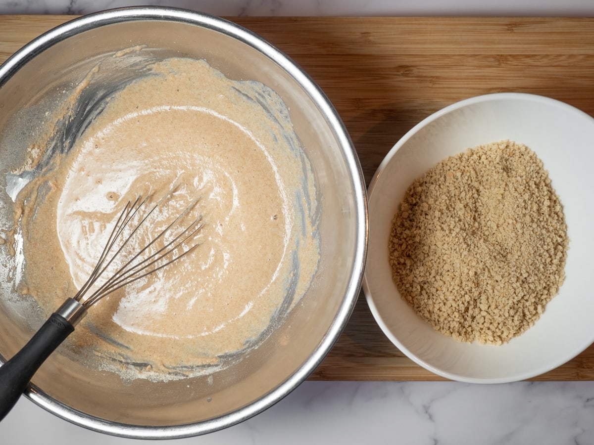 batter and breadcrumbs in bowls