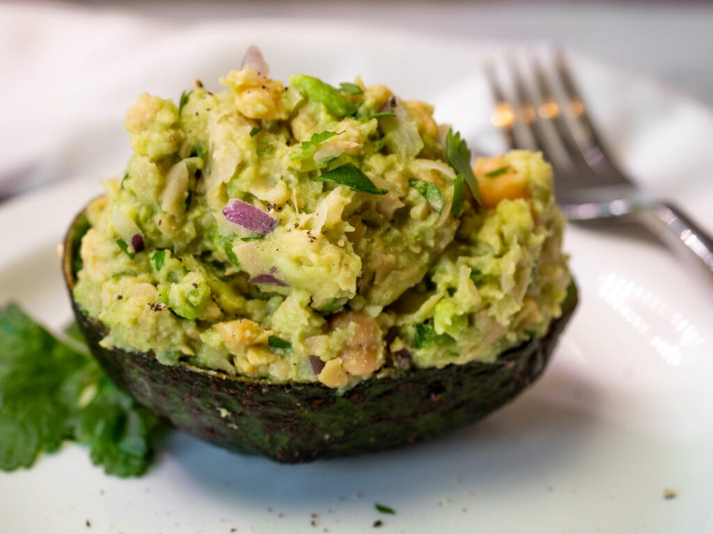 Avocado chickpea salad in avocado shell