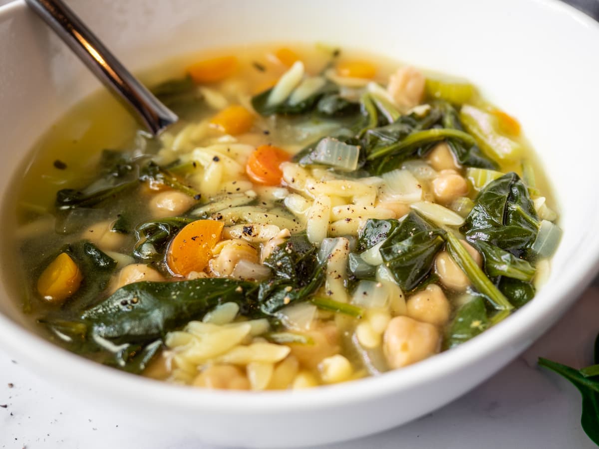 Lemon Chickpea Orzo Soup bowl